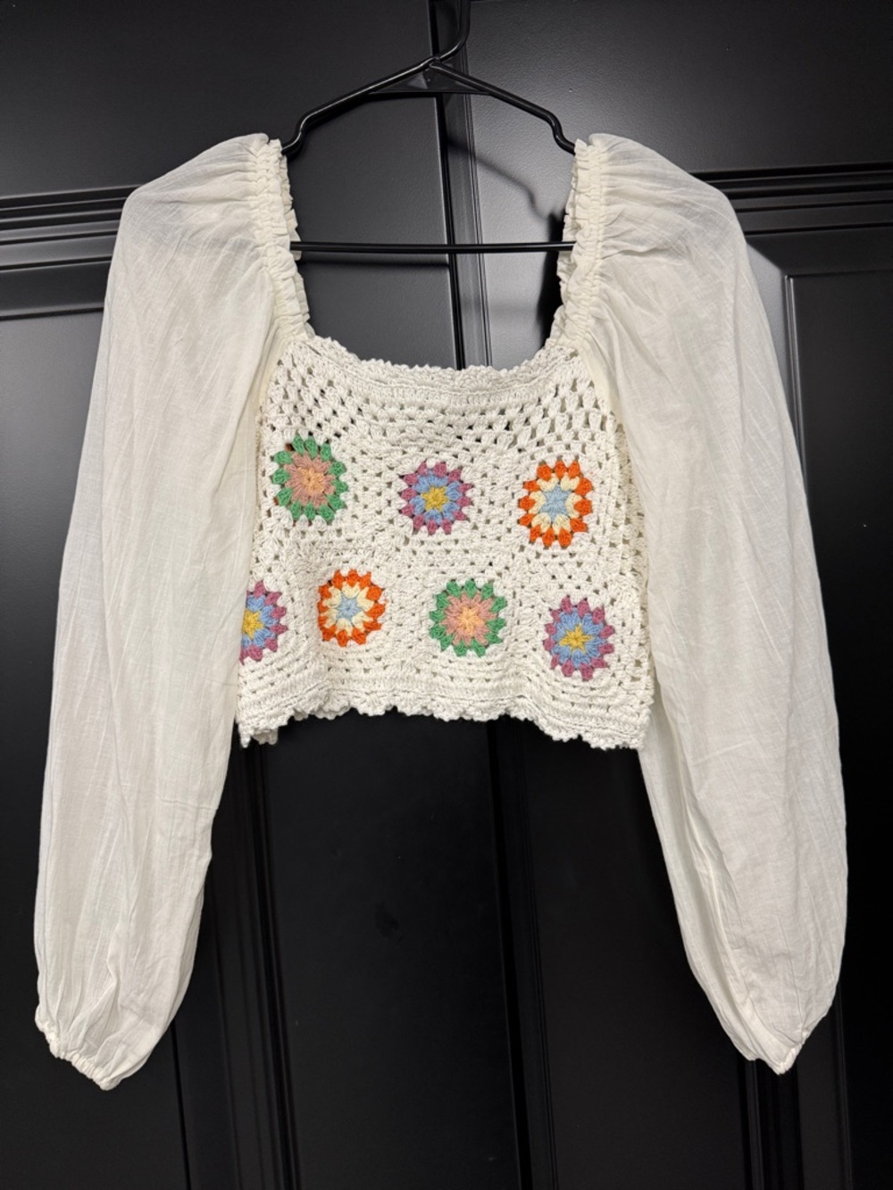 Aerie White Crochet Peasant Top with Multicolor Floral Motif
